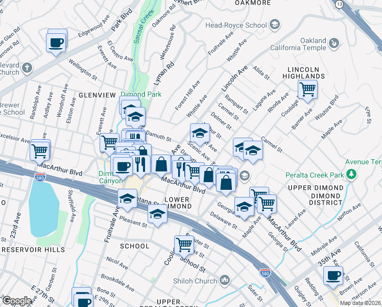 map of restaurants, bars, coffee shops, grocery stores, and more near 2448 Damuth Street in Oakland
