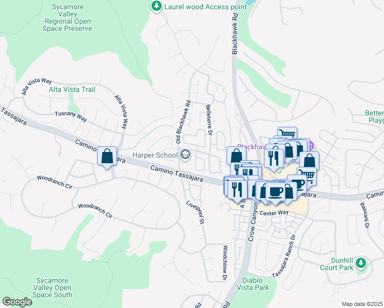 map of restaurants, bars, coffee shops, grocery stores, and more near 260 Abigail Circle in Danville