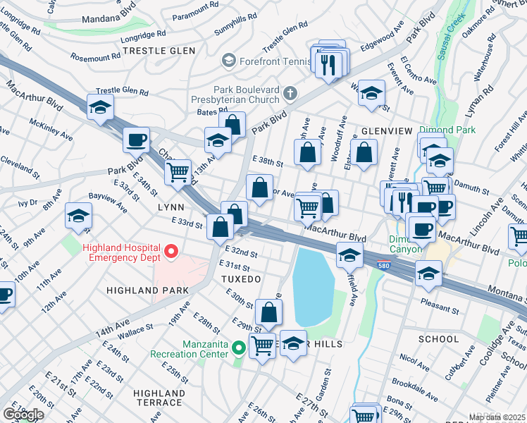 map of restaurants, bars, coffee shops, grocery stores, and more near 3527 Glen Park Road in Oakland