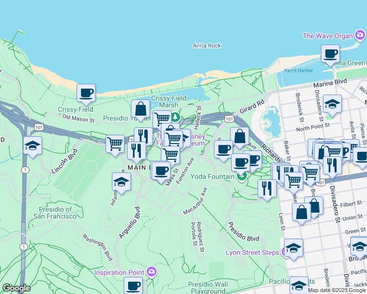 map of restaurants, bars, coffee shops, grocery stores, and more near 950 Lincoln Boulevard in San Francisco