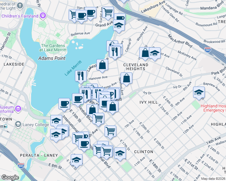 map of restaurants, bars, coffee shops, grocery stores, and more near 257 Athol Avenue in Oakland