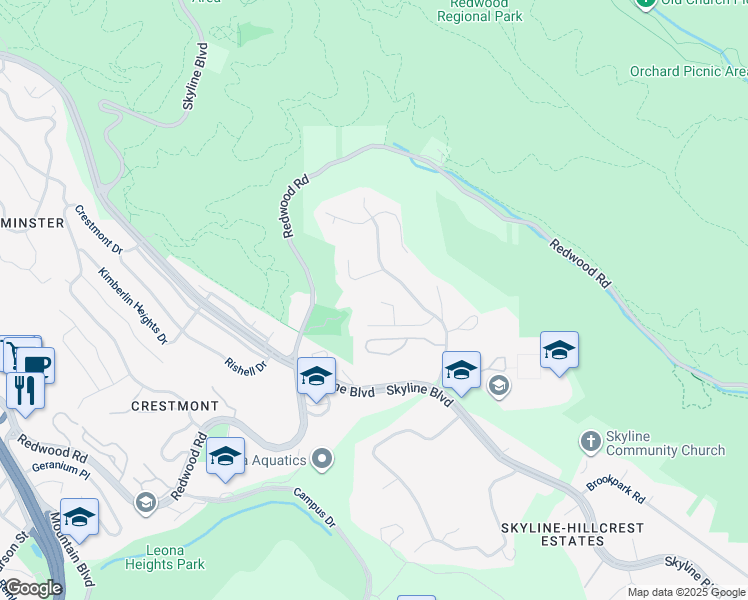map of restaurants, bars, coffee shops, grocery stores, and more near 50 Shawnee Court in Oakland