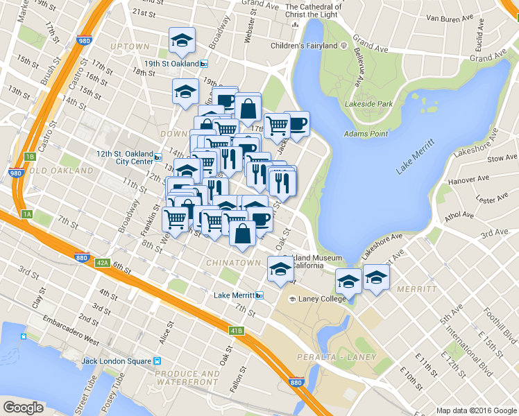 map of restaurants, bars, coffee shops, grocery stores, and more near 184 13th Street in Oakland