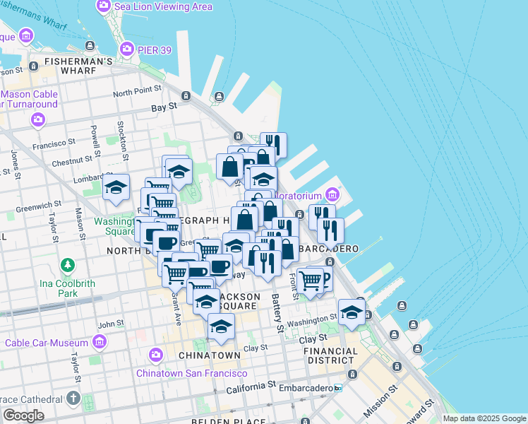 map of restaurants, bars, coffee shops, grocery stores, and more near 1050 Battery Street in San Francisco