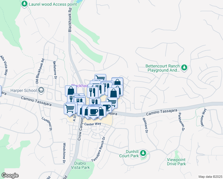 map of restaurants, bars, coffee shops, grocery stores, and more near 3380 Blackhawk Plaza Circle in Danville