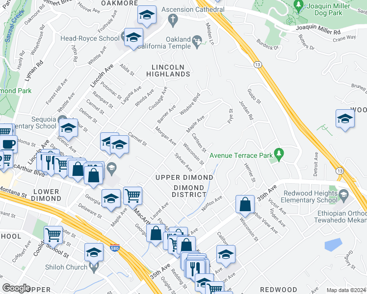 map of restaurants, bars, coffee shops, grocery stores, and more near 3021 Wisconsin Street in Oakland