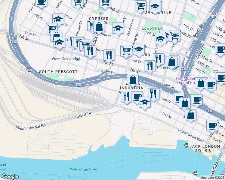 map of restaurants, bars, coffee shops, grocery stores, and more near 1200 3rd Street in Oakland
