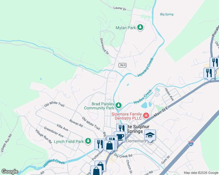 map of restaurants, bars, coffee shops, grocery stores, and more near 634 Big Draft Rd in White Sulphur Springs