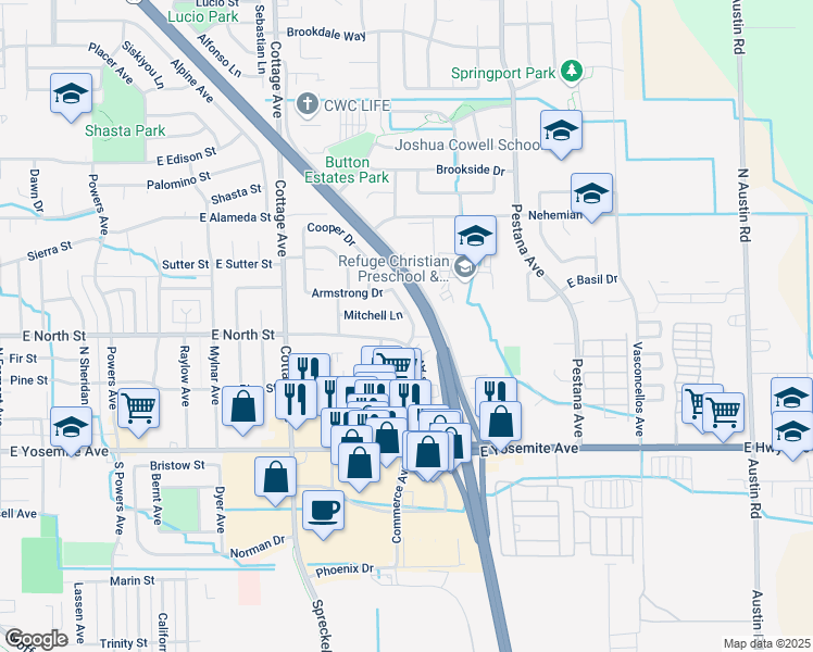map of restaurants, bars, coffee shops, grocery stores, and more near 309 Lovell Way in Manteca