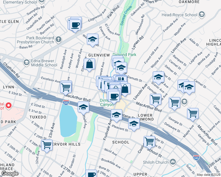 map of restaurants, bars, coffee shops, grocery stores, and more near 3541 Dimond Avenue in Oakland