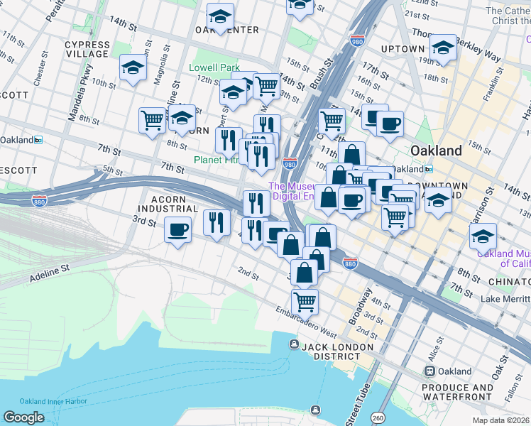 map of restaurants, bars, coffee shops, grocery stores, and more near 60316 6th Street in Oakland