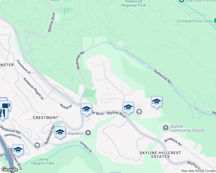 map of restaurants, bars, coffee shops, grocery stores, and more near 50 Shawnee Court in Oakland