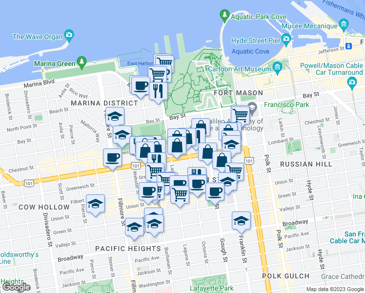 map of restaurants, bars, coffee shops, grocery stores, and more near 1625 Chestnut Street in San Francisco