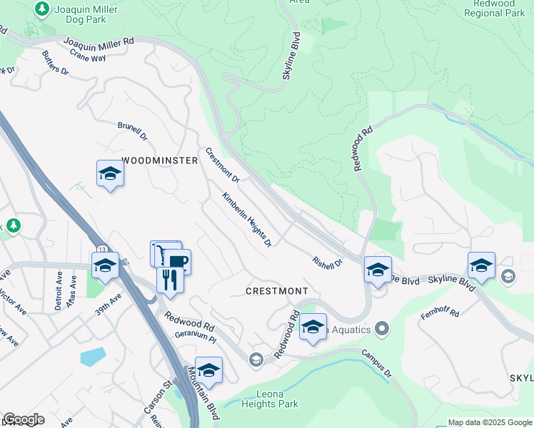 map of restaurants, bars, coffee shops, grocery stores, and more near 124 Rishell Drive in Oakland