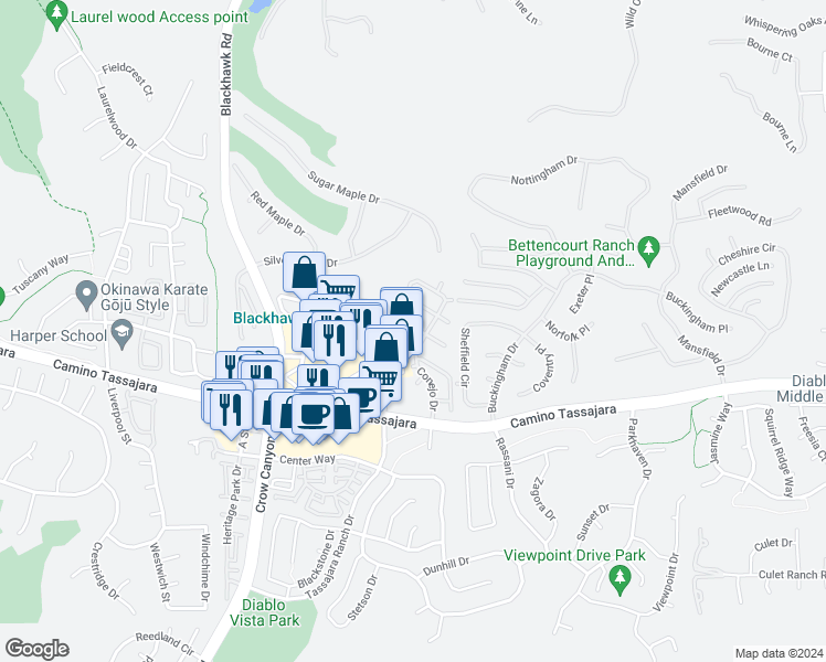 map of restaurants, bars, coffee shops, grocery stores, and more near 400 Cam Arroyo West in Danville