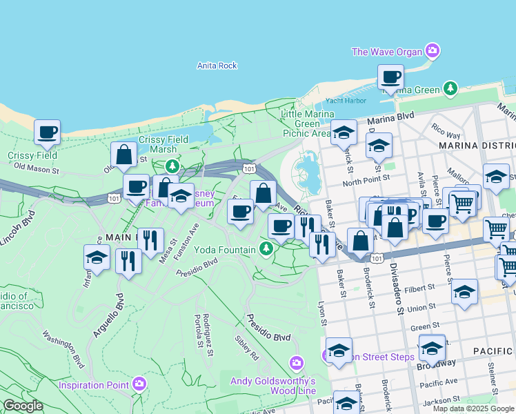 map of restaurants, bars, coffee shops, grocery stores, and more near 1051 Edie Road in San Francisco