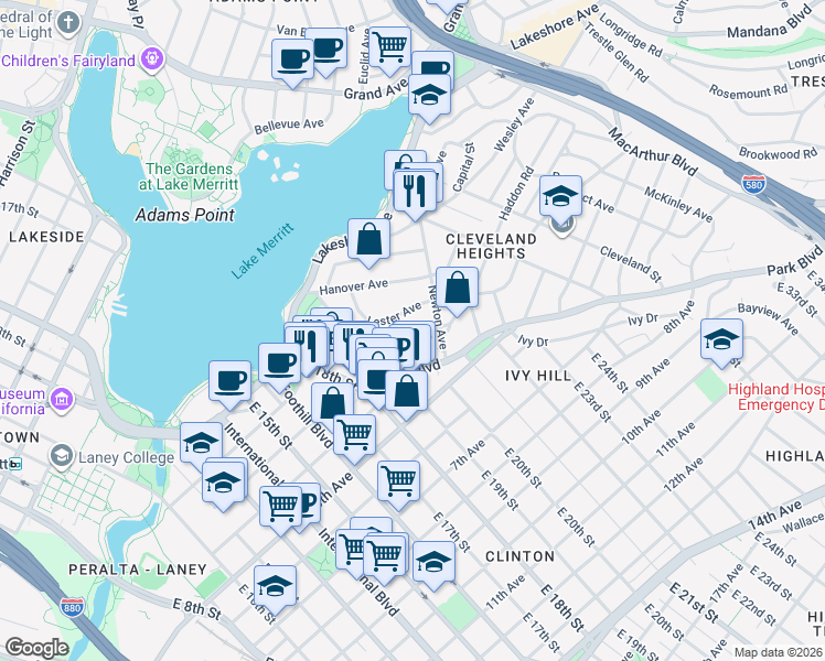map of restaurants, bars, coffee shops, grocery stores, and more near 257 Athol Avenue in Oakland