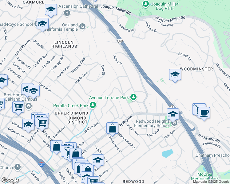 map of restaurants, bars, coffee shops, grocery stores, and more near 4236 Norton Avenue in Oakland