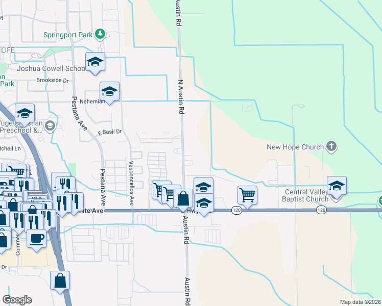 map of restaurants, bars, coffee shops, grocery stores, and more near 17600 South Austin Road in Manteca