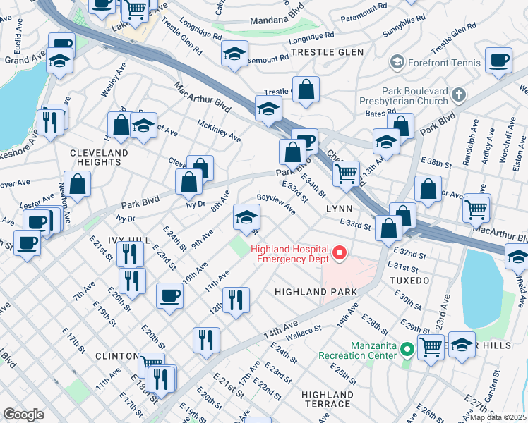 map of restaurants, bars, coffee shops, grocery stores, and more near 1039 Bella Vista Avenue in Oakland