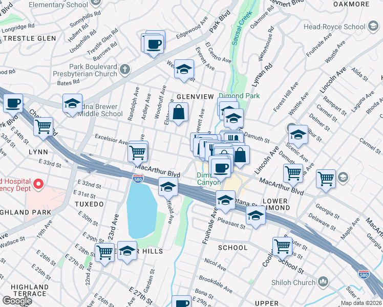 map of restaurants, bars, coffee shops, grocery stores, and more near 1963 East 38th Street in Oakland
