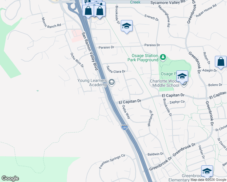 map of restaurants, bars, coffee shops, grocery stores, and more near 408 Silver Chief Way in Danville
