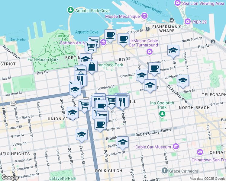 map of restaurants, bars, coffee shops, grocery stores, and more near 2299 Hyde Street in San Francisco