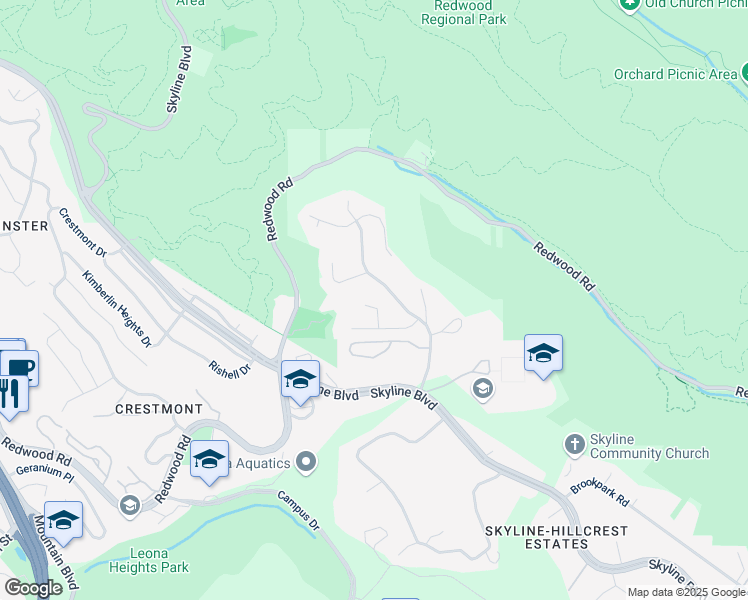 map of restaurants, bars, coffee shops, grocery stores, and more near 50 Shawnee Court in Oakland
