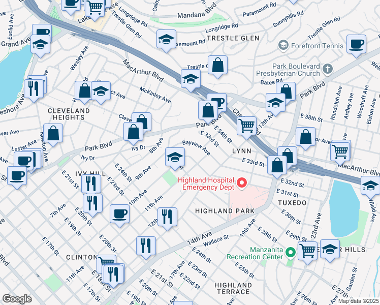 map of restaurants, bars, coffee shops, grocery stores, and more near 1039 Bella Vista Avenue in Oakland