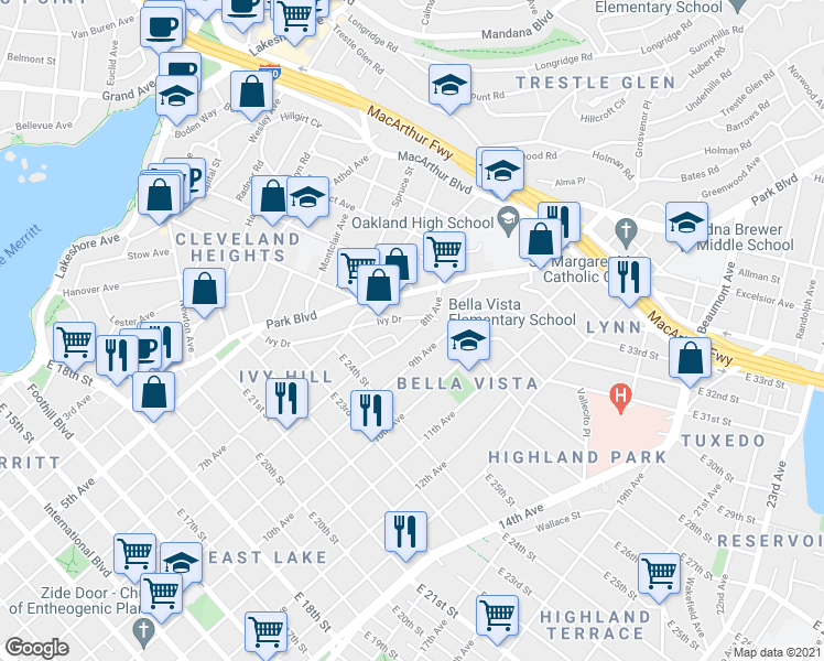 map of restaurants, bars, coffee shops, grocery stores, and more near in Oakland