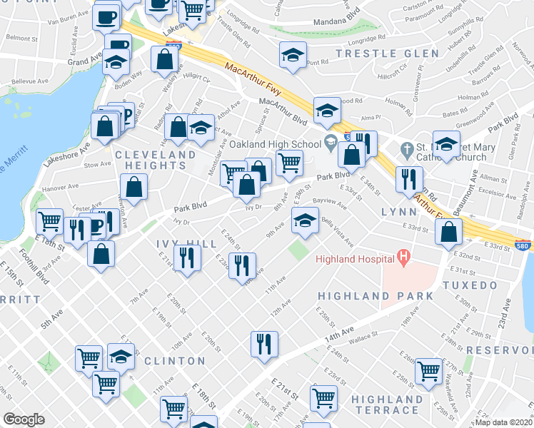 map of restaurants, bars, coffee shops, grocery stores, and more near 2640 8th Avenue in Oakland