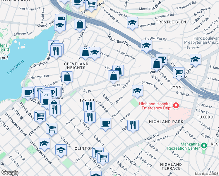 map of restaurants, bars, coffee shops, grocery stores, and more near 2451 Ivy Drive in Oakland