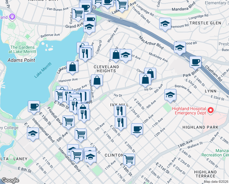 map of restaurants, bars, coffee shops, grocery stores, and more near in Oakland
