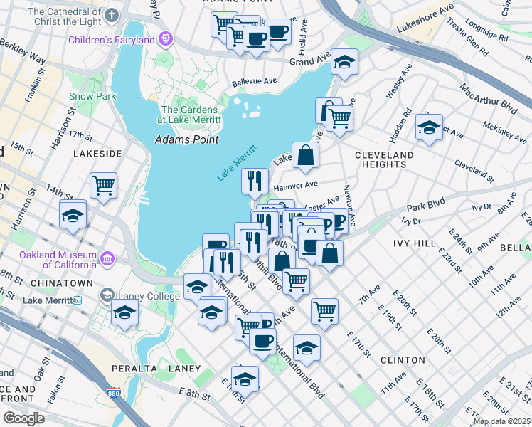 map of restaurants, bars, coffee shops, grocery stores, and more near 1830 Lakeshore Avenue in Oakland