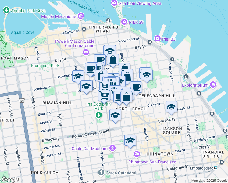 map of restaurants, bars, coffee shops, grocery stores, and more near 735 Columbus Avenue in San Francisco
