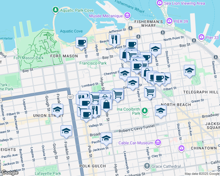 map of restaurants, bars, coffee shops, grocery stores, and more near 2215 Leavenworth Street in San Francisco