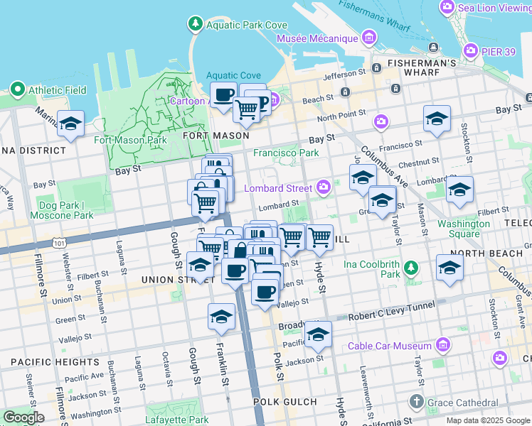 map of restaurants, bars, coffee shops, grocery stores, and more near 1271 Lombard Street in San Francisco