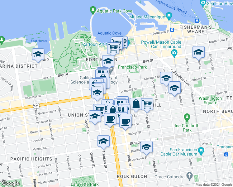 map of restaurants, bars, coffee shops, grocery stores, and more near 1271 Lombard Street in San Francisco