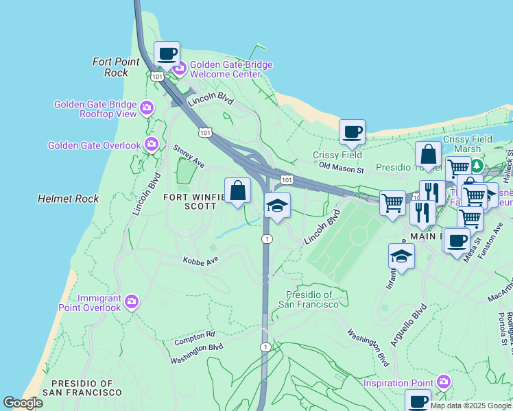 map of restaurants, bars, coffee shops, grocery stores, and more near 1265 Storey Avenue in San Francisco