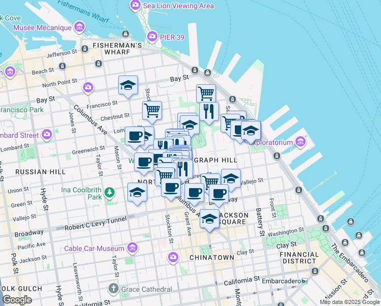 map of restaurants, bars, coffee shops, grocery stores, and more near 55 Genoa Place in San Francisco