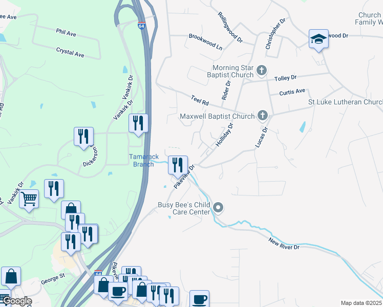 map of restaurants, bars, coffee shops, grocery stores, and more near 122 Manor Drive in Beckley