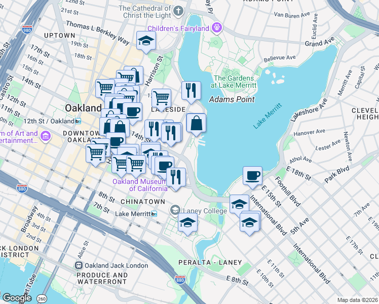 map of restaurants, bars, coffee shops, grocery stores, and more near 1418 Lakeside Drive in Oakland