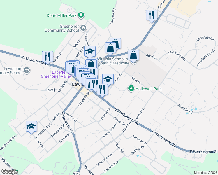 map of restaurants, bars, coffee shops, grocery stores, and more near 205 N Lee St in Lewisburg