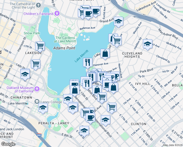 map of restaurants, bars, coffee shops, grocery stores, and more near 1830 Lakeshore Avenue in Oakland