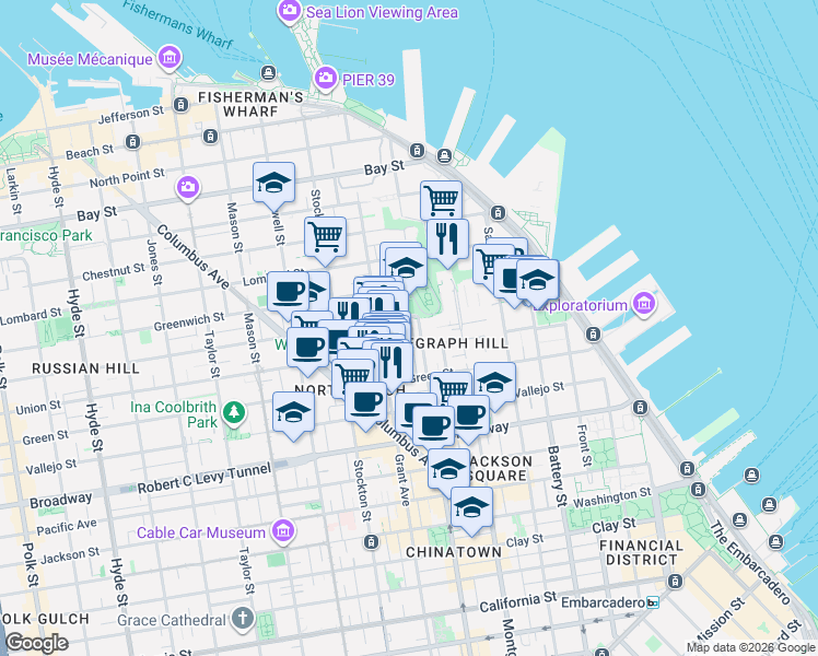 map of restaurants, bars, coffee shops, grocery stores, and more near 55 Genoa Place in San Francisco