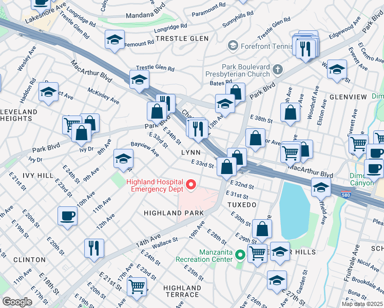 map of restaurants, bars, coffee shops, grocery stores, and more near 1315 East 34th Street in Oakland