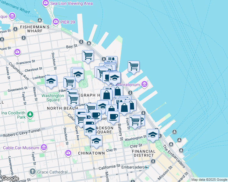 map of restaurants, bars, coffee shops, grocery stores, and more near 100 Union Street in San Francisco