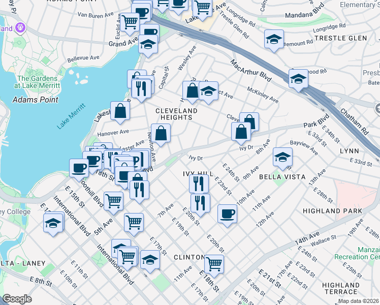 map of restaurants, bars, coffee shops, grocery stores, and more near 2268 Park Boulevard in Oakland