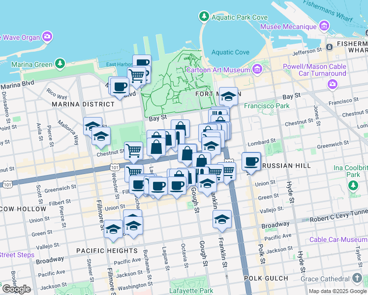 map of restaurants, bars, coffee shops, grocery stores, and more near 3035 Gough Street in San Francisco