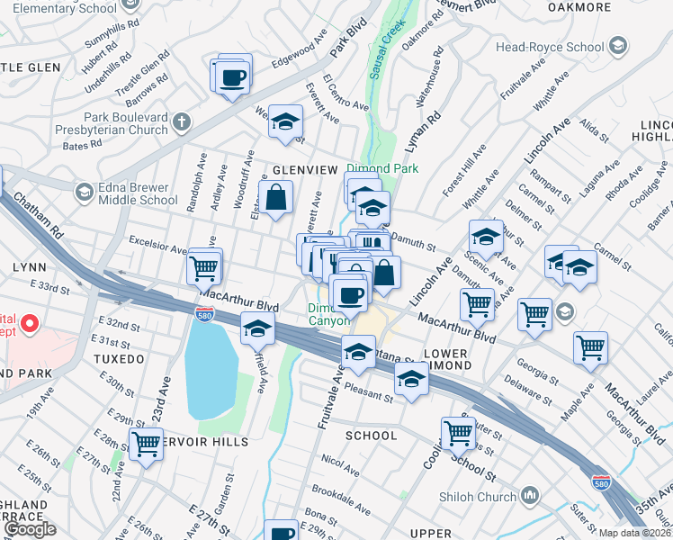 map of restaurants, bars, coffee shops, grocery stores, and more near 3525 Dimond Avenue in Oakland